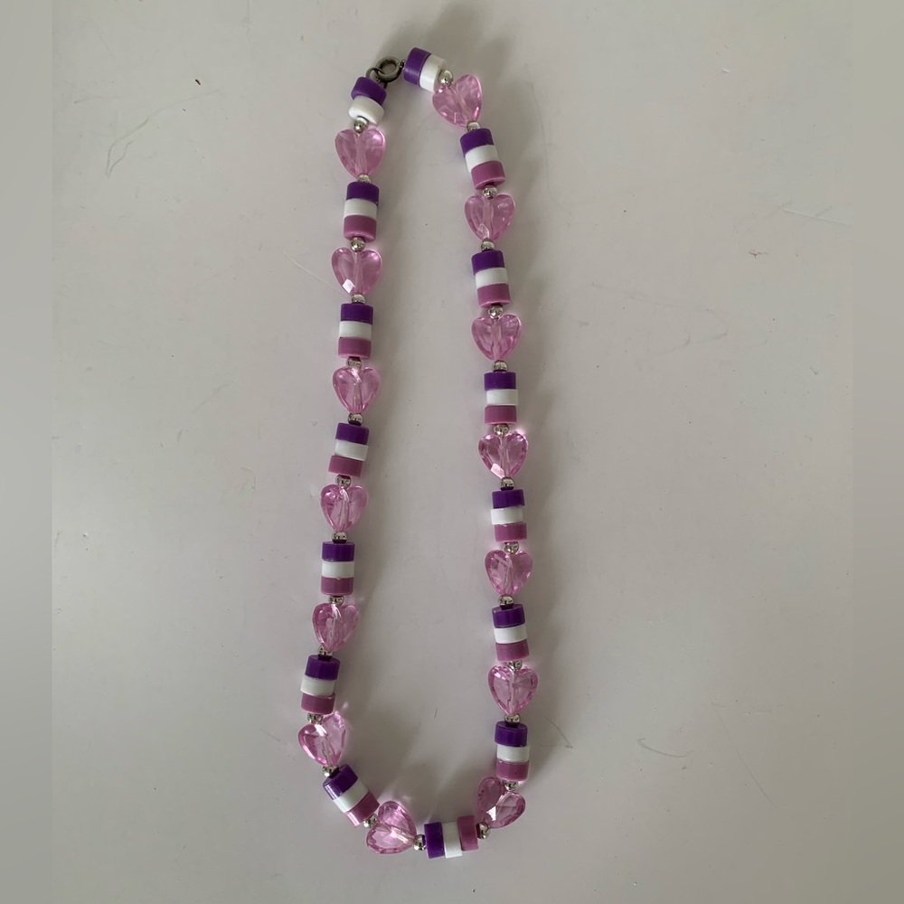 Girls Necklace & Bracelet Set Child’s Size Purple White Beaded Heart Jewelry - Picture 3 of 11